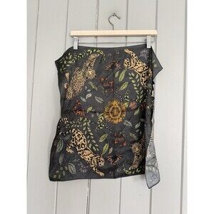 NWT Echo 100% Silk Scarf Gray Big Cat Square Floral Print NEW